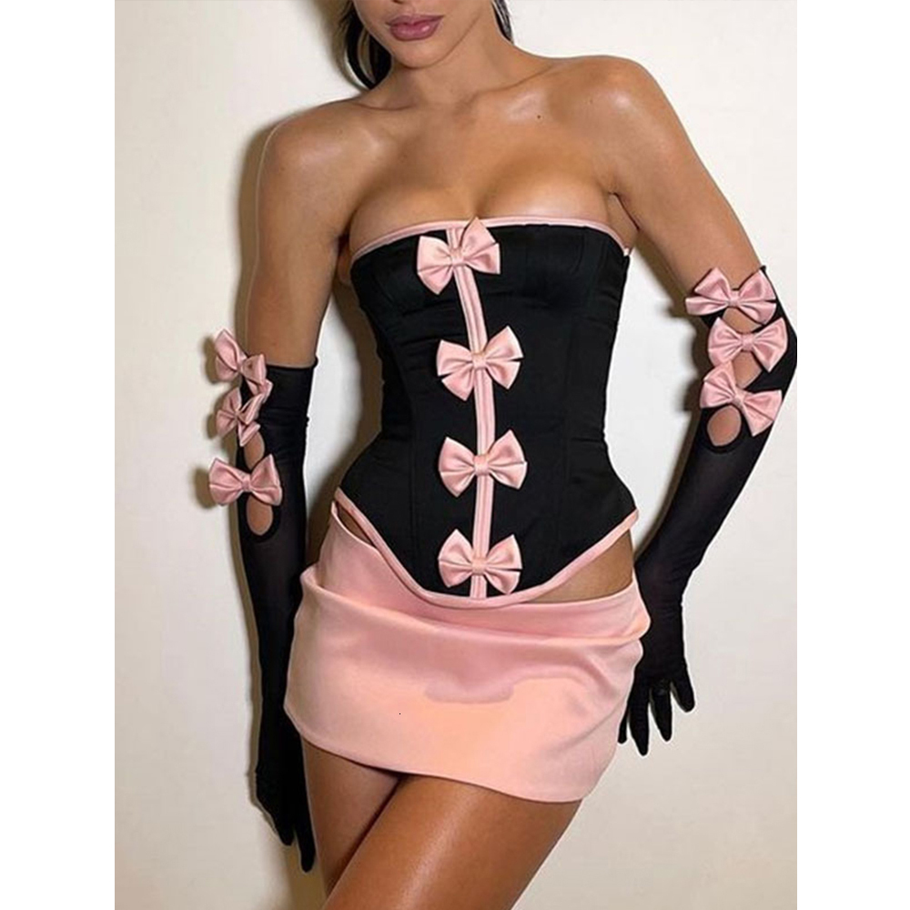 Two Piece Dress Gtpdpllt Sexy Strapless Bows Trim Women Sets Black Gloves Corset Tops Pink Skirts Female Summer Skinny Party Clubwear 230512