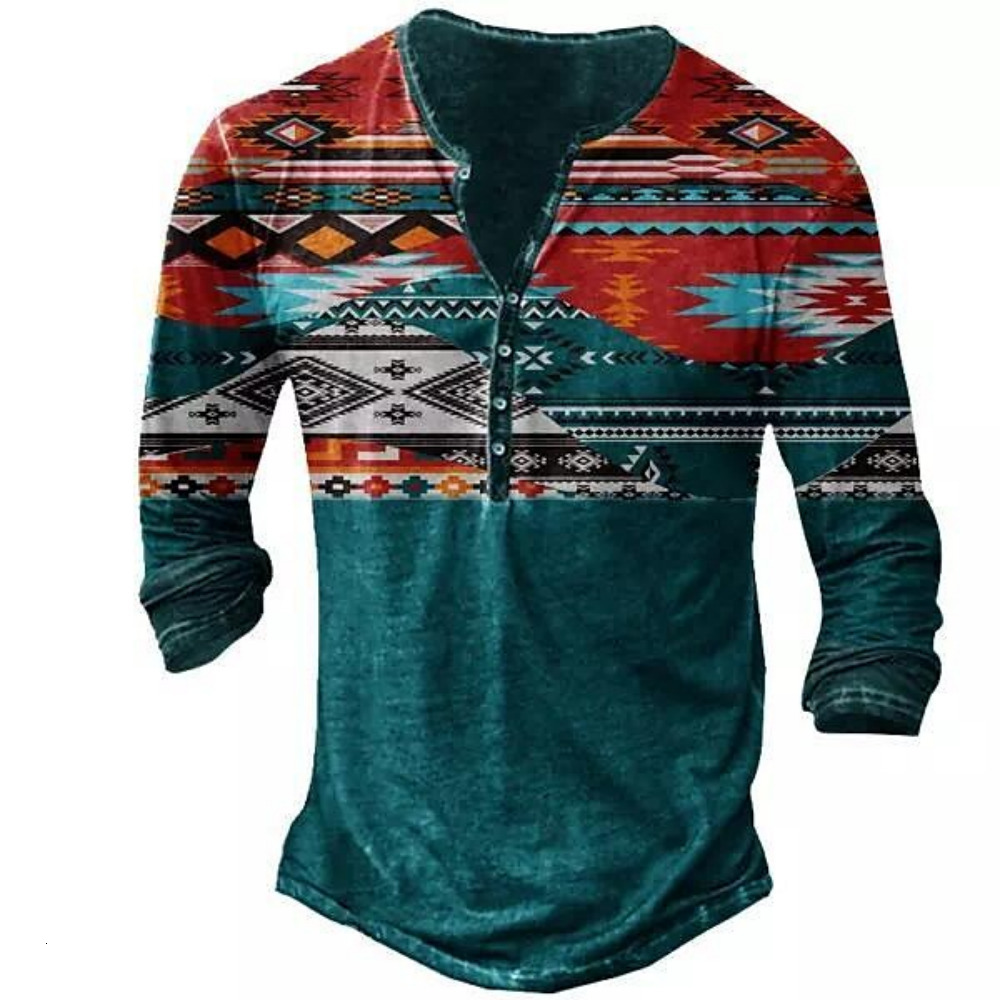 Men's Polos Vintage Men T Shirts With Button Ethnic Pattern Summer 3d Print Tees O Neck Long Sleeve Cotton Oversized TShirt Male Clothing 230512