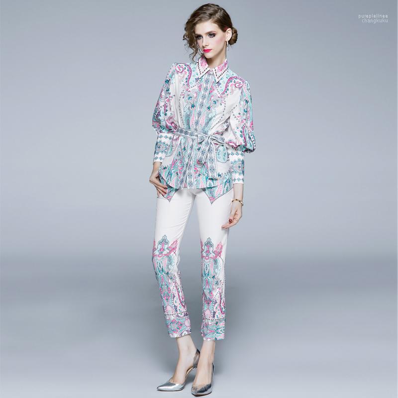 Women's Tracksuits Spring Runway Designers Women Two Piece Outfit Vintage Print Lantern Sleeve Shirt And Pants Suit Office Lady Trousers, White
Women's Tracksuits Spring Runway Designers Women Two Piece Outfit Vintage Print Lantern Sleeve Shirt And Pants Suit Office Lady Trousers, White