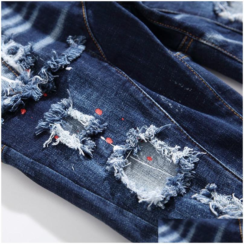 Men'S Tracksuits Autumn Blue Mens Denim Two Piece Set Casual Embroidery Skl Vest And Ragged Paint Stretch Jeans 2Pcs Sets Conjuntos Dhzd0