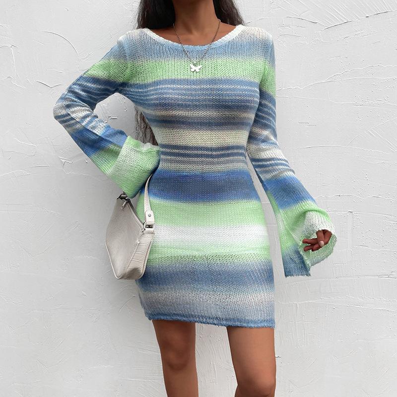 Casual Dresses Sylph Knitted Mini Dress Sexy Backless Party For Women Striped Tie Dye Flare Sleeve Vestidos Elegant Female Clothing, Blue
Casual Dresses Sylph Knitted Mini Dress Sexy Backless Party For Women Striped Tie Dye Flare Sleeve Vestidos Elegant Female Clothing, Blue