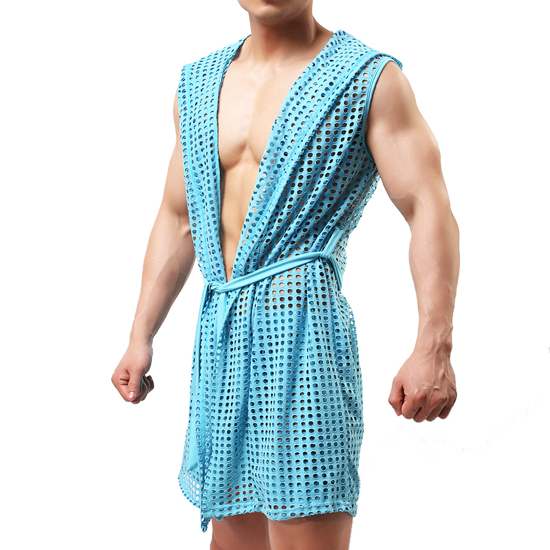 Men's Robes Sexy Robe Sleepwear Mesh Hoodie Sleep Lounge Pajama Gay Wear Men's Hollow Fashion Perspective Dressing Gown BathrobeNo shorts 23
