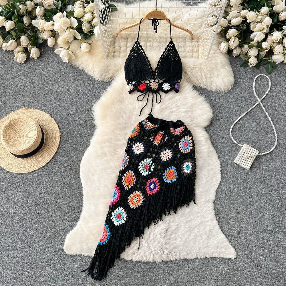 Two Piece Dress Summer Bathing Suit Women 2 Set Spaghetti Straps Bikini Bra Tassel Hip Skirts Matching Beho Knitted Hand Crochet 230512