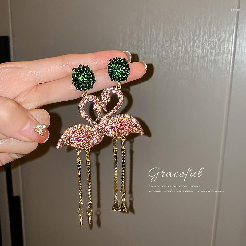 

Dangle Earrings Crystal Pink Flamingo Tassel Rhinestone For Women Bijoux Long Birds Statement Jewelry Gift Party 2023
