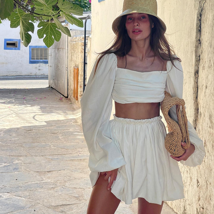 Two Piece Dress Sexy Beige Linen Women Outfits Fashion Puff Sleeve Crop Shirts With High Waist Mini Skirt Sets Female Holiday 230512