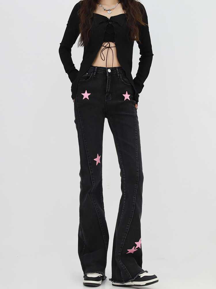 Women's Pants s European and American women clothing large size vibe wind girl micro flared jeans casual straight star patch 230512