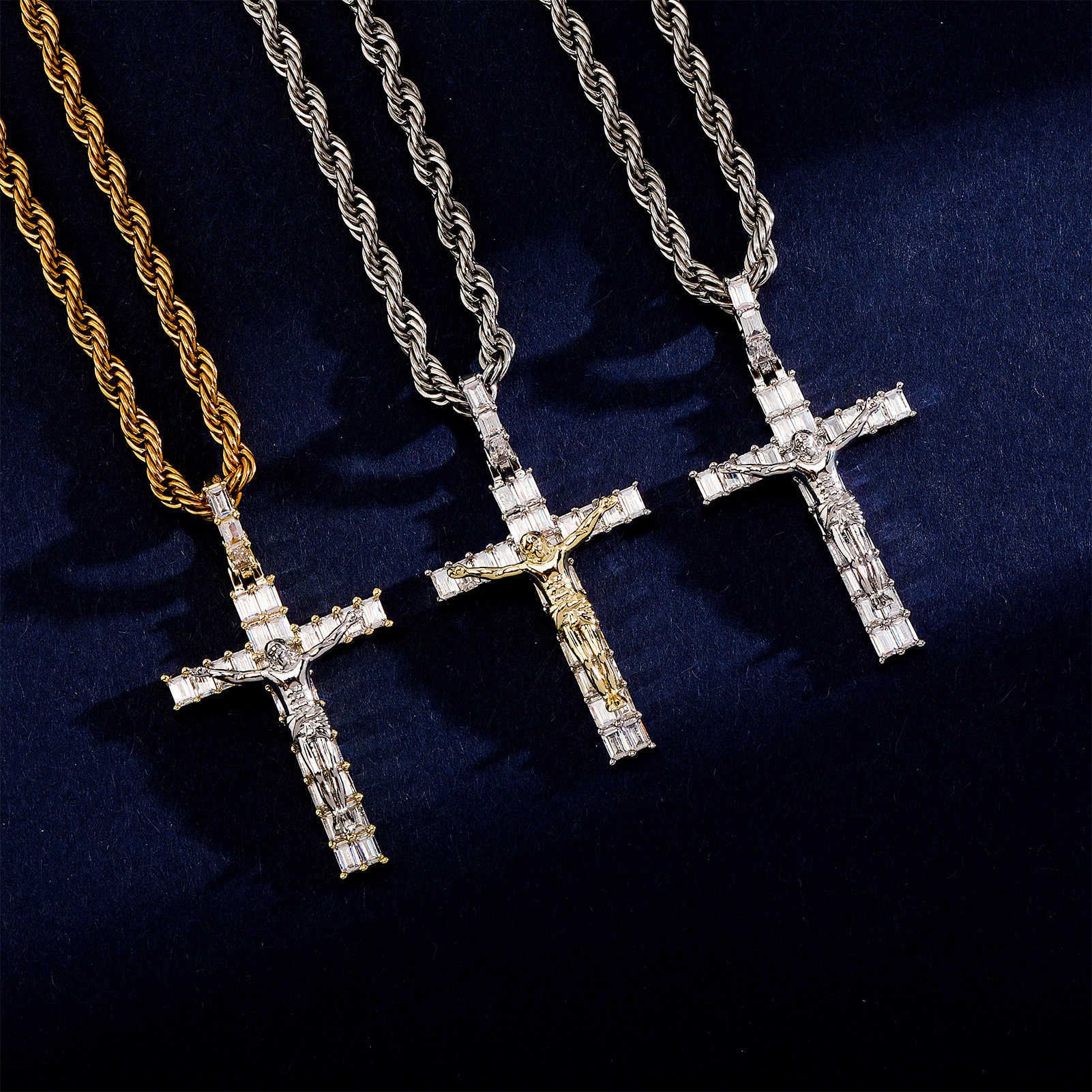 Designer Baguette Cz Stone Large Cross Jesus Pendant Necklace Micro Set Cubic Zircon Real Gold Plated Mens Women's Hip Hop Jewelry Aesthetic Crys