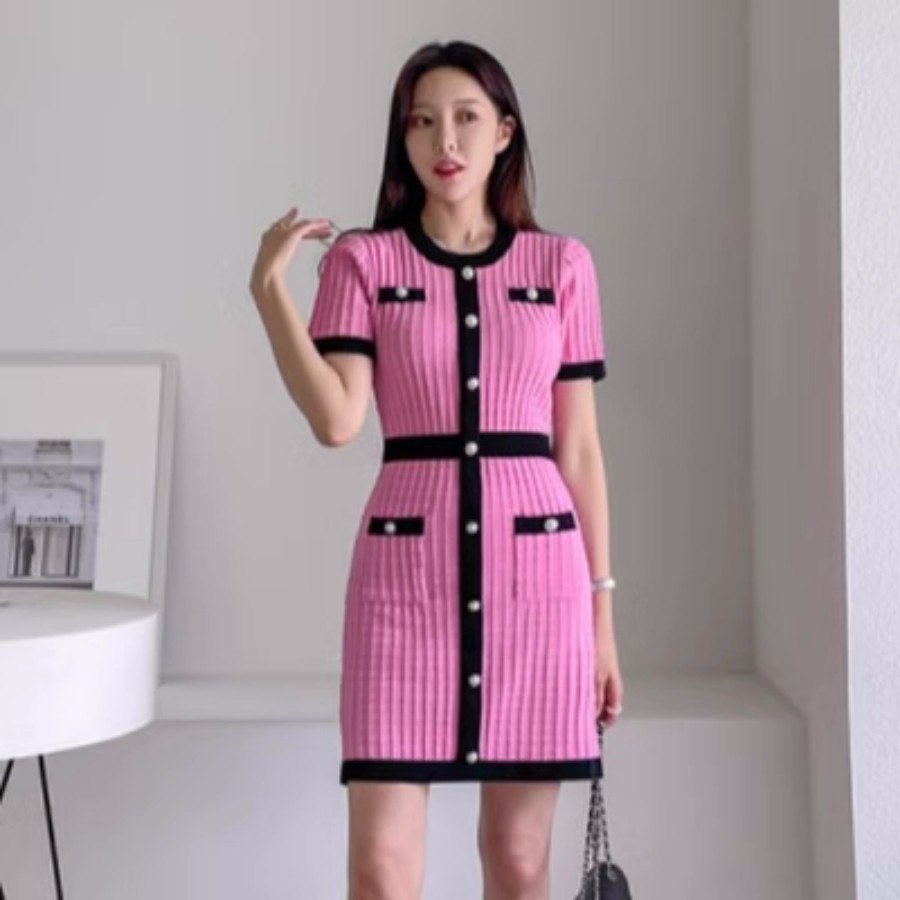 Womens color block knitted casual dresses short sleeve knitted slim waist dress