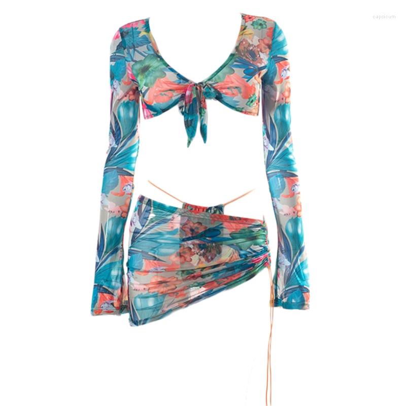 Women' Swimwear Women Sexy Floral Print Mesh Beachwear Long Sleeve Crop Top Drawstring Skirt
Women' Swimwear Women Sexy Floral Print Mesh Beachwear Long Sleeve Crop Top Drawstring Skirt