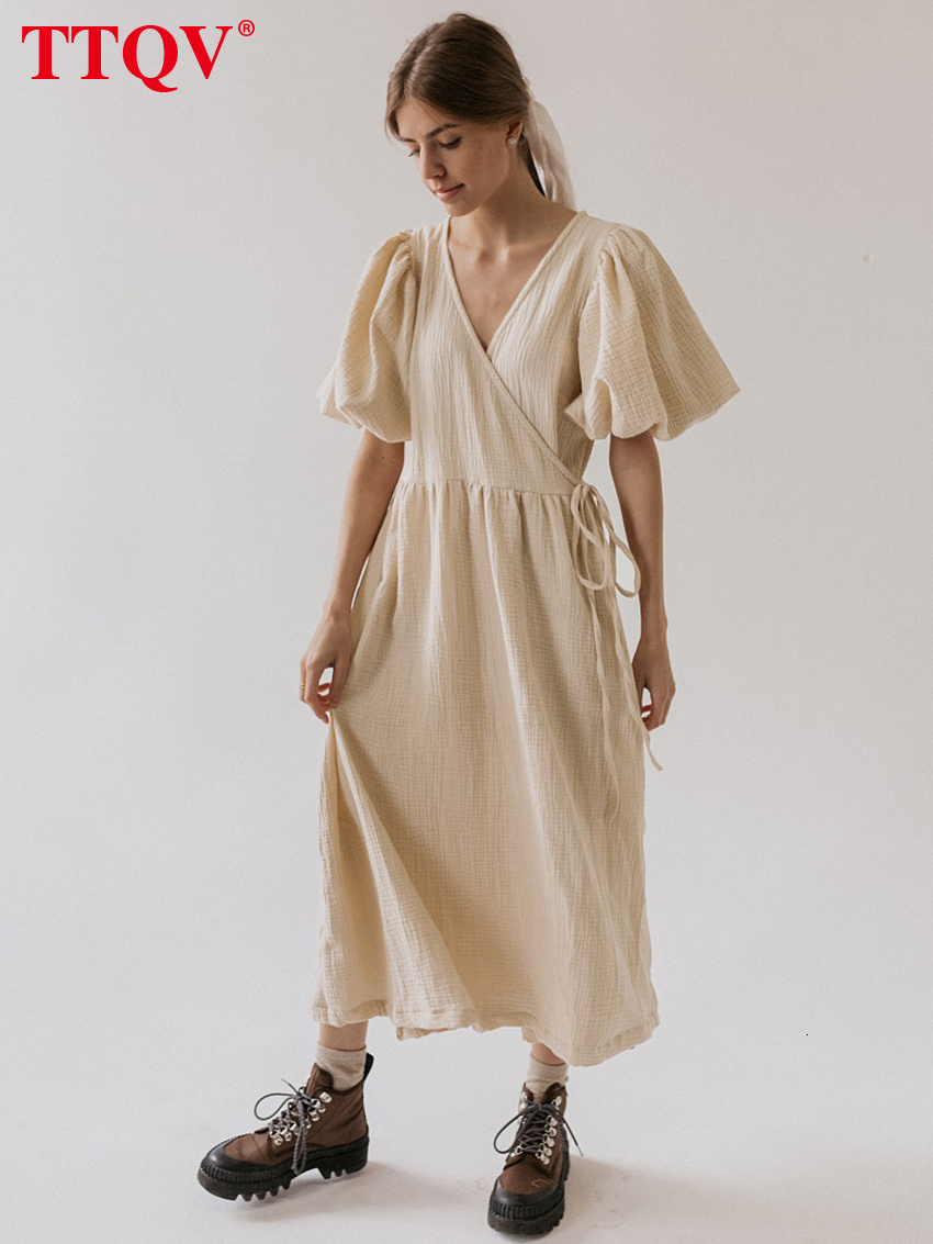 Casual Dresses TTQV Summer Apricot Laceup Womens 2023 Elegant Solid Vneck Puff Sleeve Loose Midi Dress Female Clothing 230512
Casual Dresses TTQV Summer Apricot Laceup Womens 2023 Elegant Solid Vneck Puff Sleeve Loose Midi Dress Female Clothing 230512