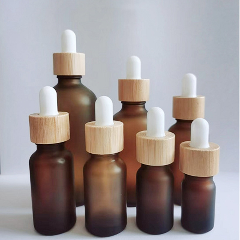 Frosted glass essential oil dropper bottles Blue amber green serum bottle with bamboo reagent pipette cap 10ml 20ml 30ml 50ml 100ml