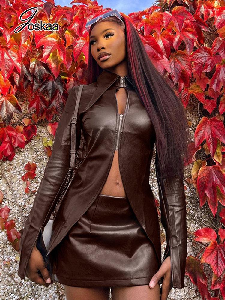 Work Dresses Joskaa PU Leather Brown 2 Piece Set Women Sexy Lapel Long Sleeve Zipper Split Top And Mini Skirt Matching Winter 2023
Work Dresses Joskaa PU Leather Brown 2 Piece Set Women Sexy Lapel Long Sleeve Zipper Split Top And Mini Skirt Matching Winter 2023