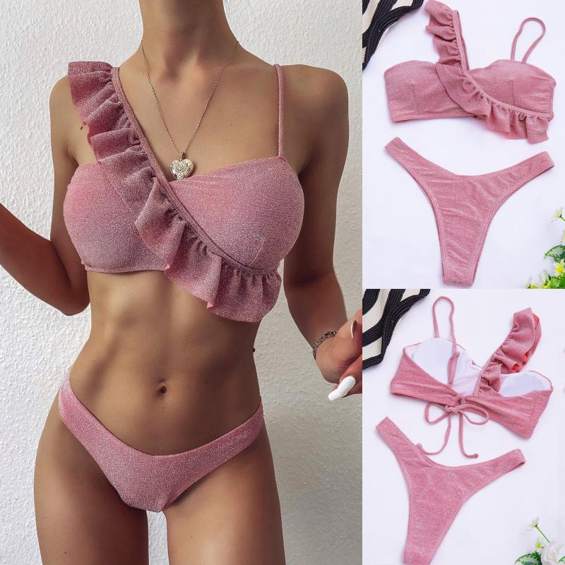 Women' Swimwear Bikini Set Two-Pieces Swimsuit Women Shiny Glitter Pink Biquini One Shoulder Ruffled Swim Bathing Suit Bandeau
Women' Swimwear Bikini Set Two-Pieces Swimsuit Women Shiny Glitter Pink Biquini One Shoulder Ruffled Swim Bathing Suit Bandeau