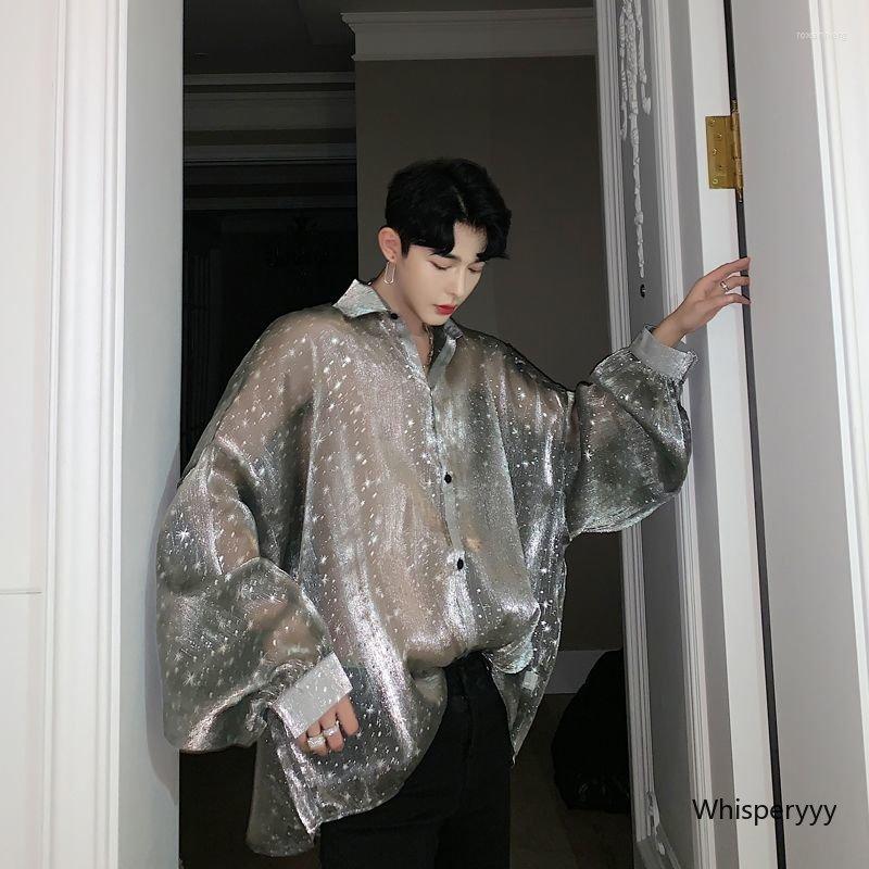 Men's Casual Shirts Spring Summer Chic Shirt Men Loose Bat Sleeve Starry Sky Gauze Sunscreen Transparent Thin Sexy Tops Male Elegant Fashion, Gray
Men's Casual Shirts Spring Summer Chic Shirt Men Loose Bat Sleeve Starry Sky Gauze Sunscreen Transparent Thin Sexy Tops Male Elegant Fashion, Gray