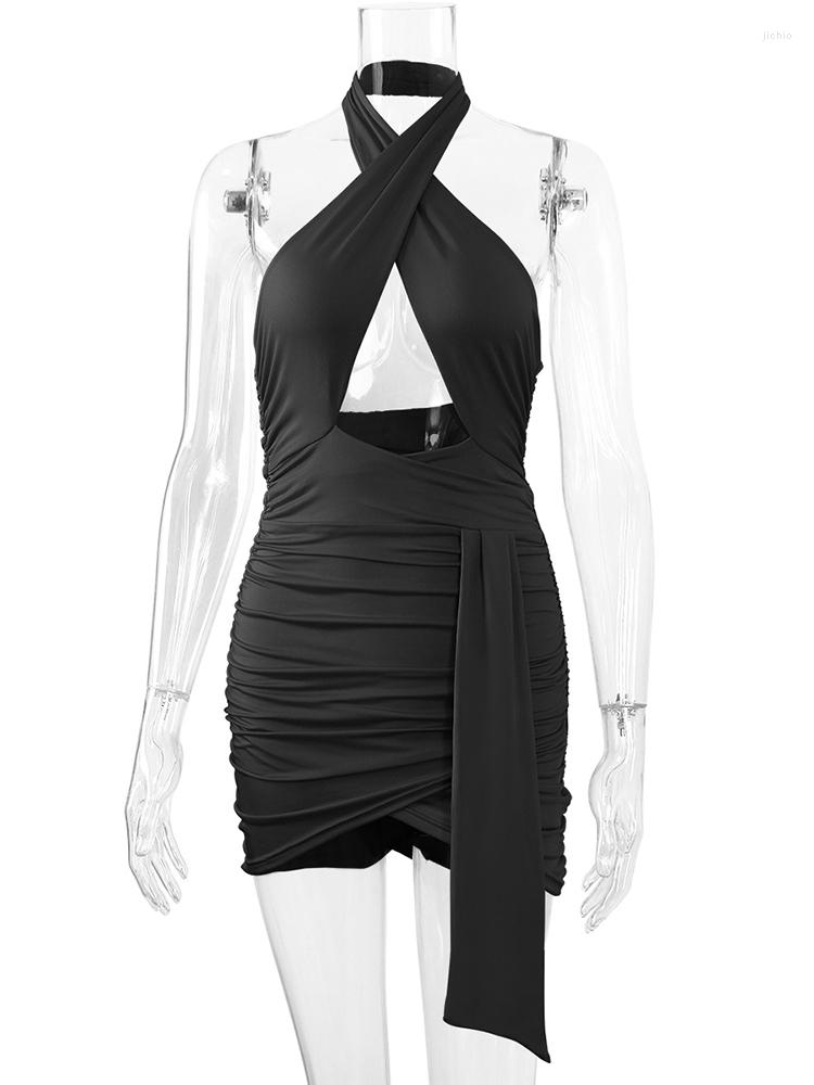 Casual Dresses Cross Collar Drawstring Backless Dress Off Shoulder Hollow Out Bodycon Pleated Mini Sexy Elegant Club Vestidos