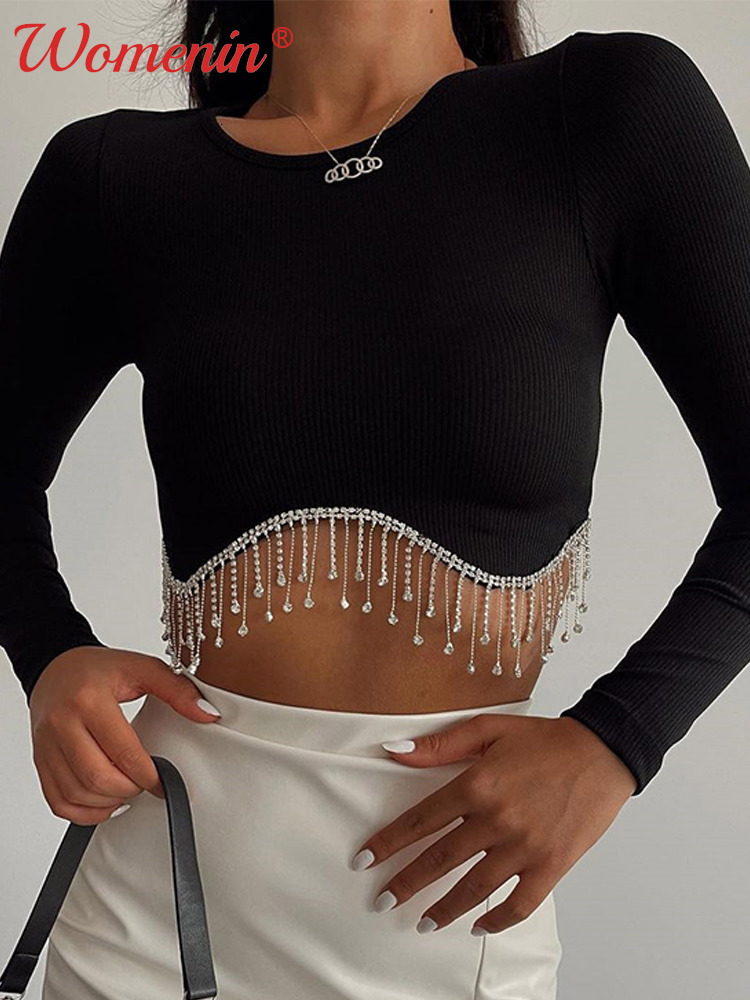 Women' TShirt Women Sexy Tassel Cropped Tops Autumn Slim Solid Crewneck Female Tshirts Chic Elegant Long Sleeve Top Lady Tshirt 230512, F black
Women' TShirt Women Sexy Tassel Cropped Tops Autumn Slim Solid Crewneck Female Tshirts Chic Elegant Long Sleeve Top Lady Tshirt 230512, F black