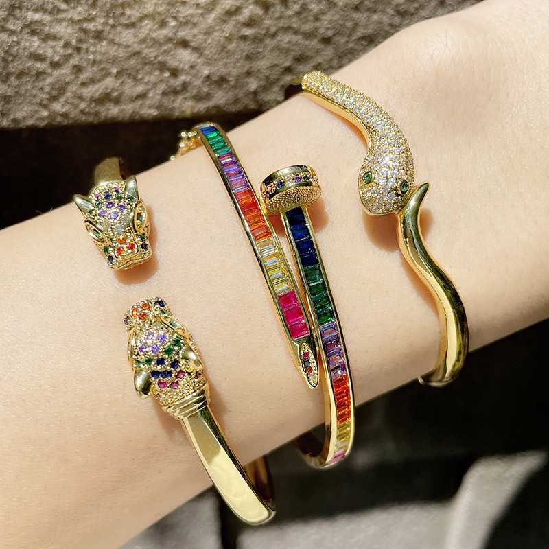 Inset Color Zircon Nail Bracelet Female Exaggerated Animal Snake Leopard Head Opening Bracelet
