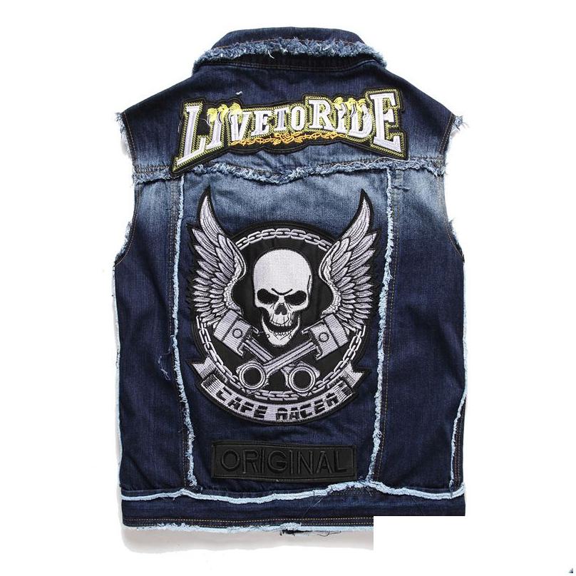 Men'S Tracksuits Autumn Blue Mens Denim Two Piece Set Casual Embroidery Skl Vest And Ragged Paint Stretch Jeans 2Pcs Sets Conjuntos Dhzd0