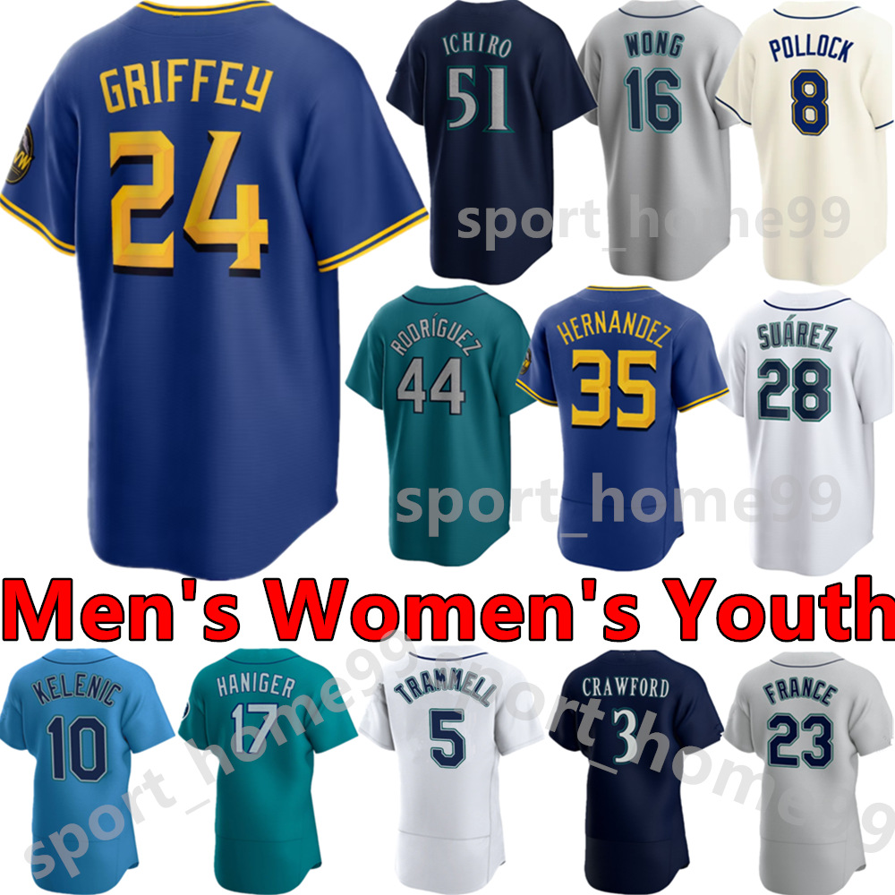 2023 Custom 44 Julio Rodriguez Jersey 24 Ken Griffey 28 Eugenio Suarez Jersey 23 Ty France 3 J.P. Crawford 10 Jarred Kelenic 16 Kolten Wong 51 Ichiro Baseball Jerseys