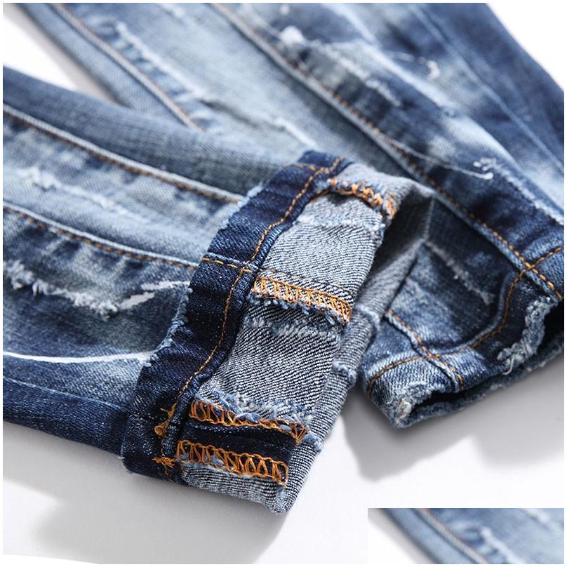 Men'S Tracksuits Autumn Blue Mens Denim Two Piece Set Casual Embroidery Skl Vest And Ragged Paint Stretch Jeans 2Pcs Sets Conjuntos Dhzd0