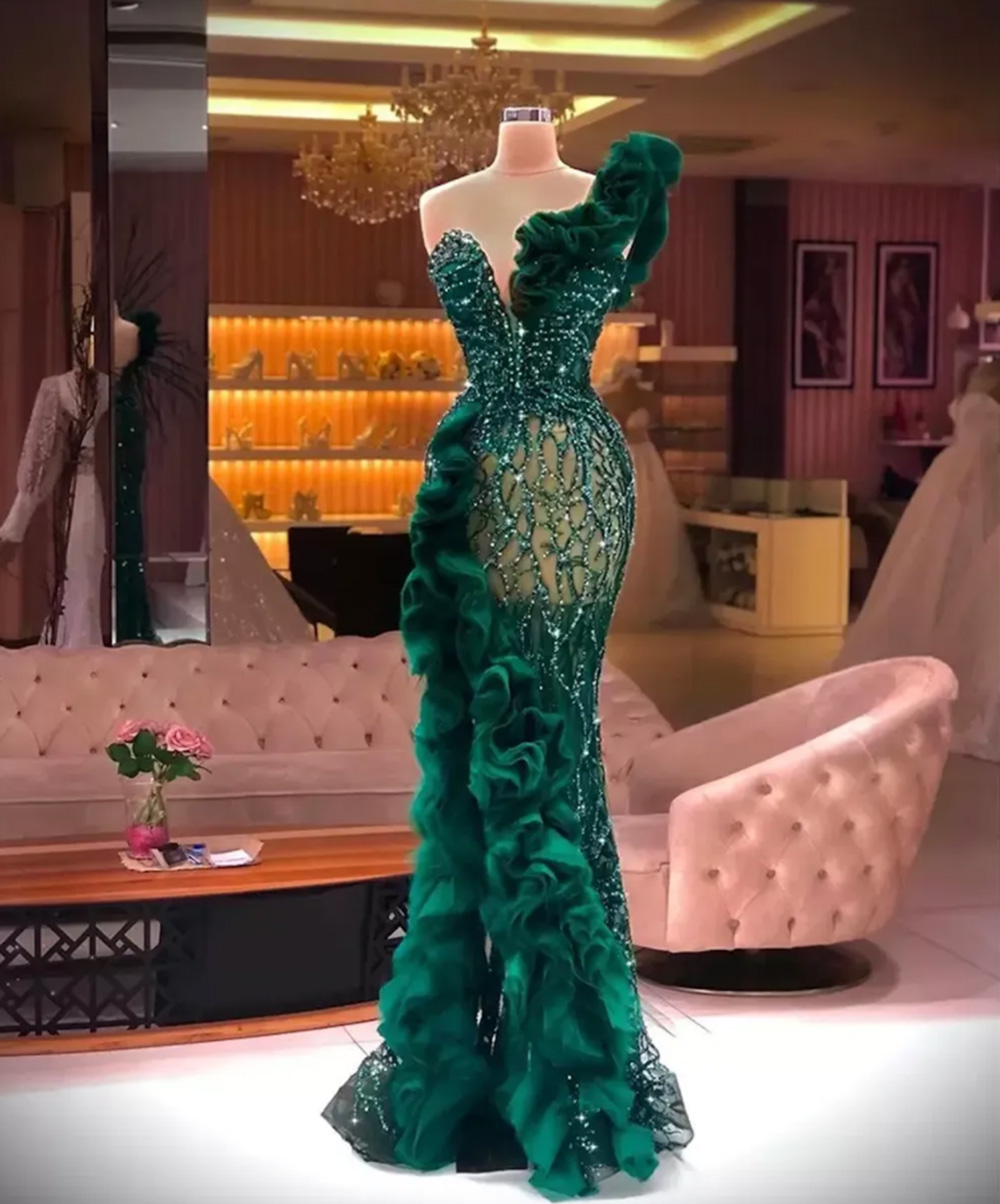New Mermaid Evening Dresses Formal Prom Party Gown One-Shoulder Floor-Length Sweep Train Crystal Applique Sequins Lace long Plus Size Custom