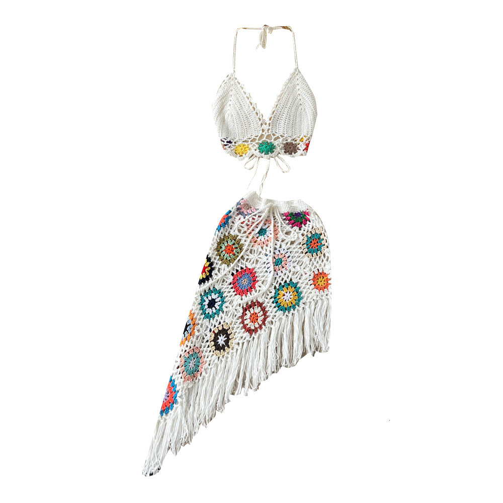 Two Piece Dress Summer Bathing Suit Women 2 Set Spaghetti Straps Bikini Bra Tassel Hip Skirts Matching Beho Knitted Hand Crochet 230512