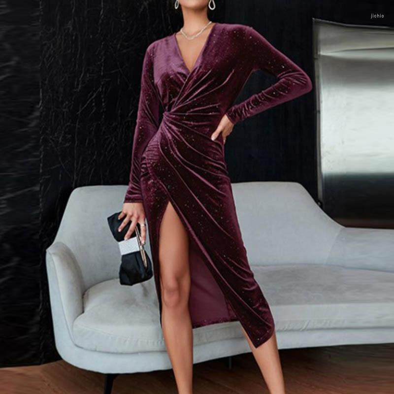 Casual Dresses Vintage Solid Women Dress Autumn Fashion Long-sleeved Sexy High Slit Slim Party Elegant Ladies Vestido