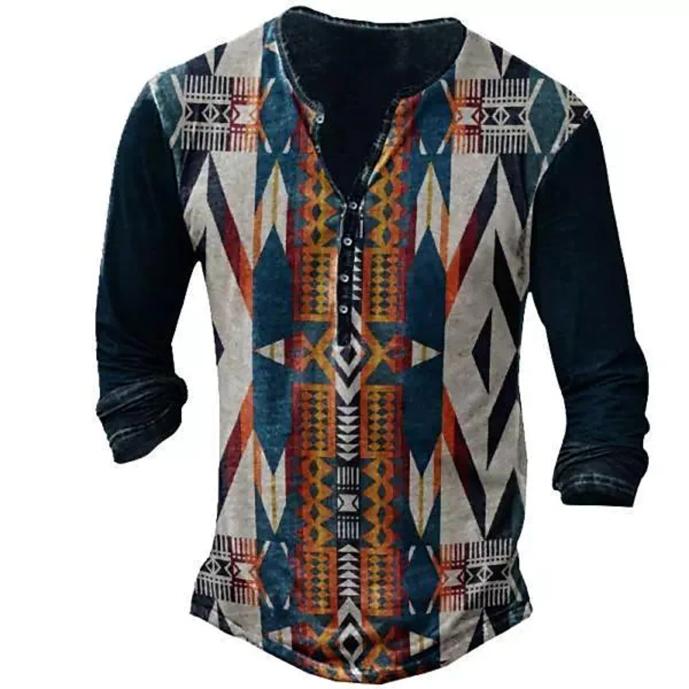 Men's Polos Vintage Men T Shirts With Button Ethnic Pattern Summer 3d Print Tees O Neck Long Sleeve Cotton Oversized TShirt Male Clothing 230512