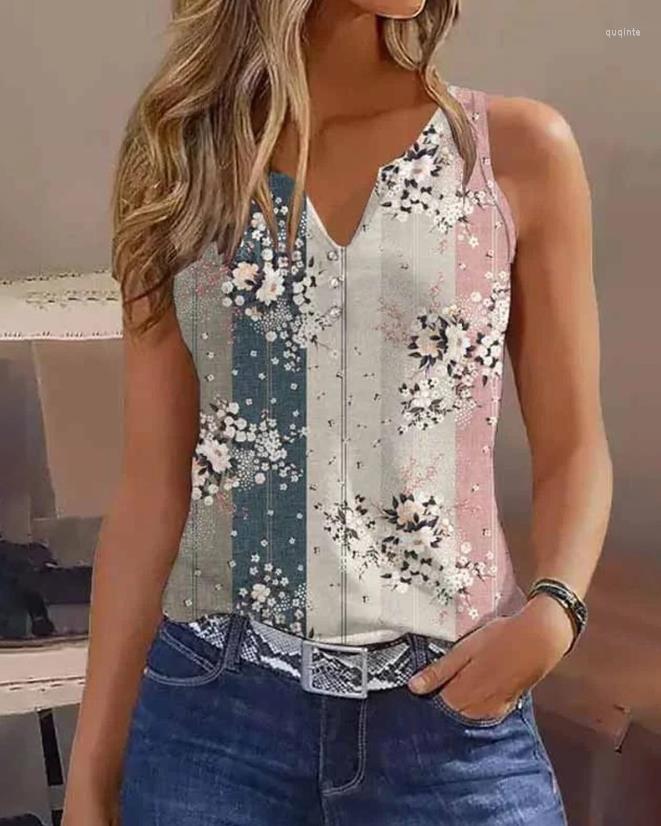 

Women' Tanks Tops For Women 2023 Summer Fashion Floral Print Colorblock Notch Neck Sleeveless Tank Top Vacation Casual Women' Tee OTTD