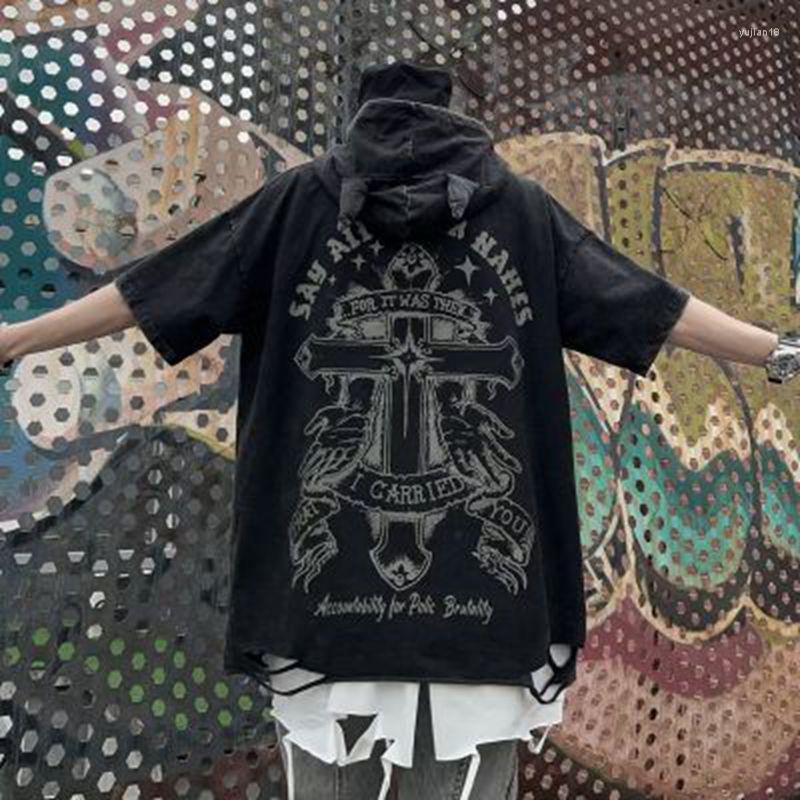 Men' T Shirts Street Hiphop Short-sleeved T-shirt Summer Y2k Cross Print Washed Devil Horn All-match Casual Hooded Men' Clothing 2023, Beige
Men' T Shirts Street Hiphop Short-sleeved T-shirt Summer Y2k Cross Print Washed Devil Horn All-match Casual Hooded Men' Clothing 2023, Beige