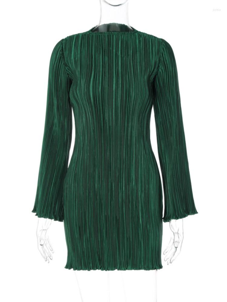 Casual Dresses Vintage Party Mini Fashion Women Long Sleeve Vestidos Female Bodycon Solid O-Neck Holiday Pleated Dress
