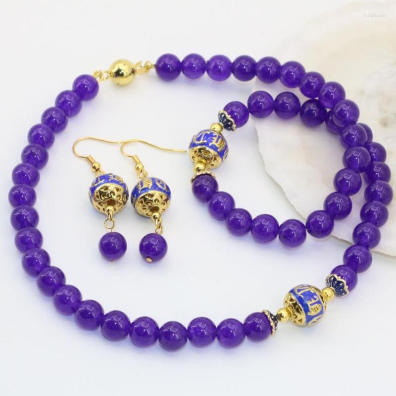 Necklace Earrings Set Bohemia Style Fashion 8mm Purple Semi-precious Stone Chalcedony Round Beads Bracelet Jewelry B2676, Picture shown 
Necklace Earrings Set Bohemia Style Fashion 8mm Purple Semi-precious Stone Chalcedony Round Beads Bracelet Jewelry B2676, Picture shown