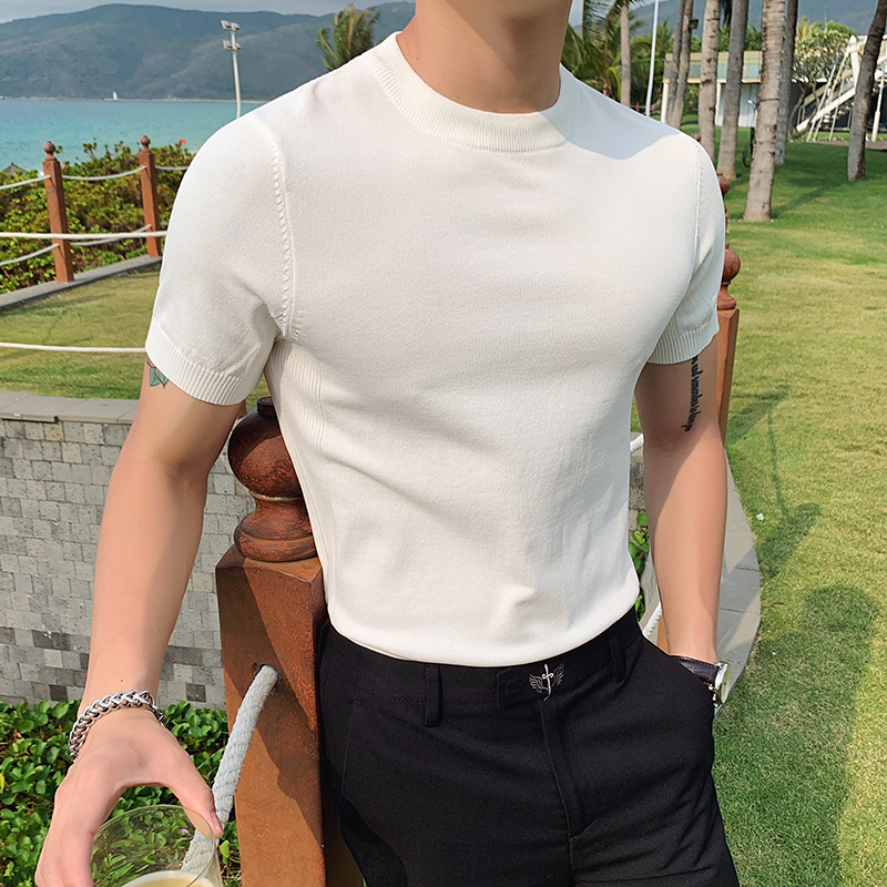 Men's TShirts British Style Summer Ice Silk Short Sleeve Knitted T Shirts Men Simple Pure Color ONeck Casual Slim Tee Shirt Top Homme M3XL 230512
