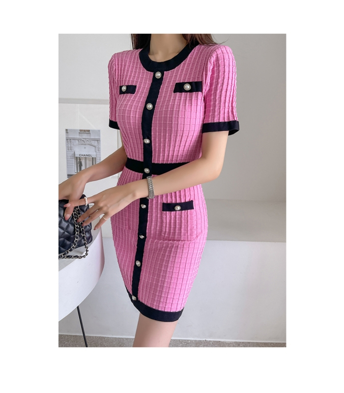 Womens color block knitted casual dresses short sleeve knitted slim waist dress