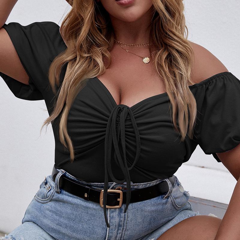 Shirt Women's Plus Size Cotton Short Sleeve Sexy Neckline Elastic Adjustable Lace Up Straps Summer Casual Top Female, K0525-5
Shirt Women's Plus Size Cotton Short Sleeve Sexy Neckline Elastic Adjustable Lace Up Straps Summer Casual Top Female, K0525-5