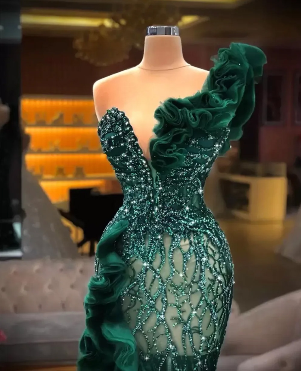 New Mermaid Evening Dresses Formal Prom Party Gown One-Shoulder Floor-Length Sweep Train Crystal Applique Sequins Lace long Plus Size Custom