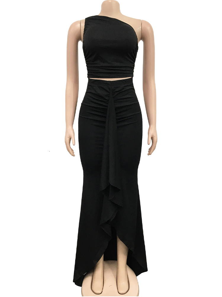Two Piece Dress Elegant Party 2 Set for Female One Shoulder Sleeveless Bandage Crop Tops Split Mermaid Long Skirts Birthday Outfits 230512