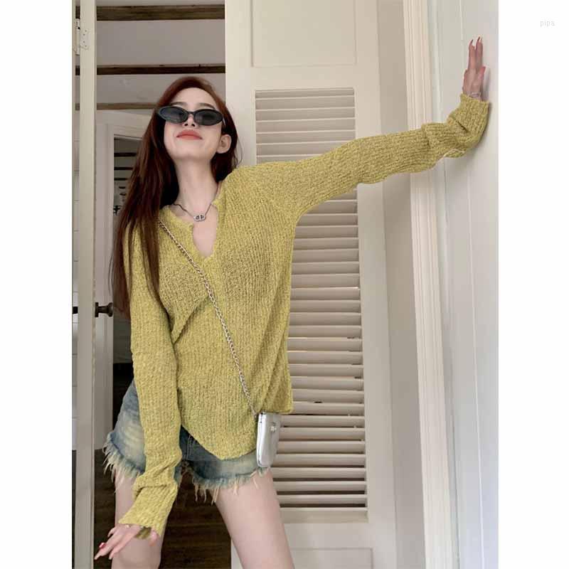 Women's Polos 2023 Spring And Summer Women's Top V-neck Irregular Hem Sweater Loose Korean Version Long-sleeved Thin Retro, 02
Women's Polos 2023 Spring And Summer Women's Top V-neck Irregular Hem Sweater Loose Korean Version Long-sleeved Thin Retro, 02