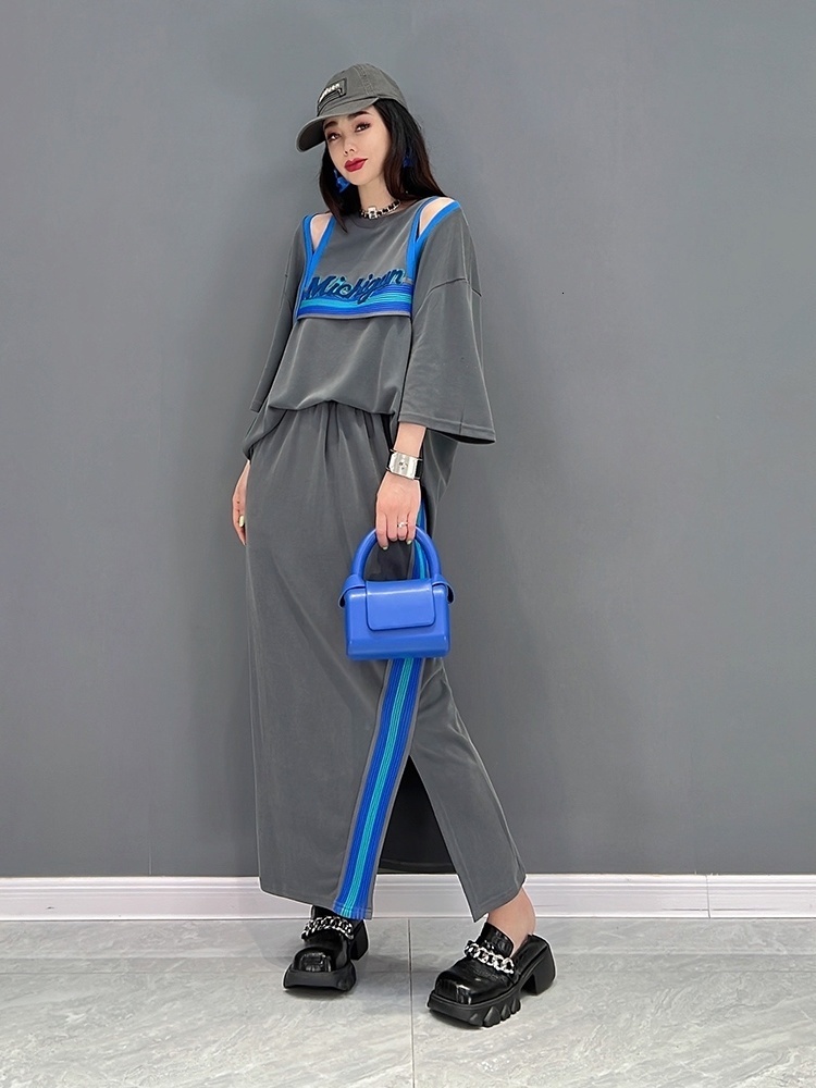 Two Piece Dress QING MO Spring Summer Fashion Suit Leisure Sports Off Shoulder Tshirt Skirt Pieces Set Women ZXF833 230512