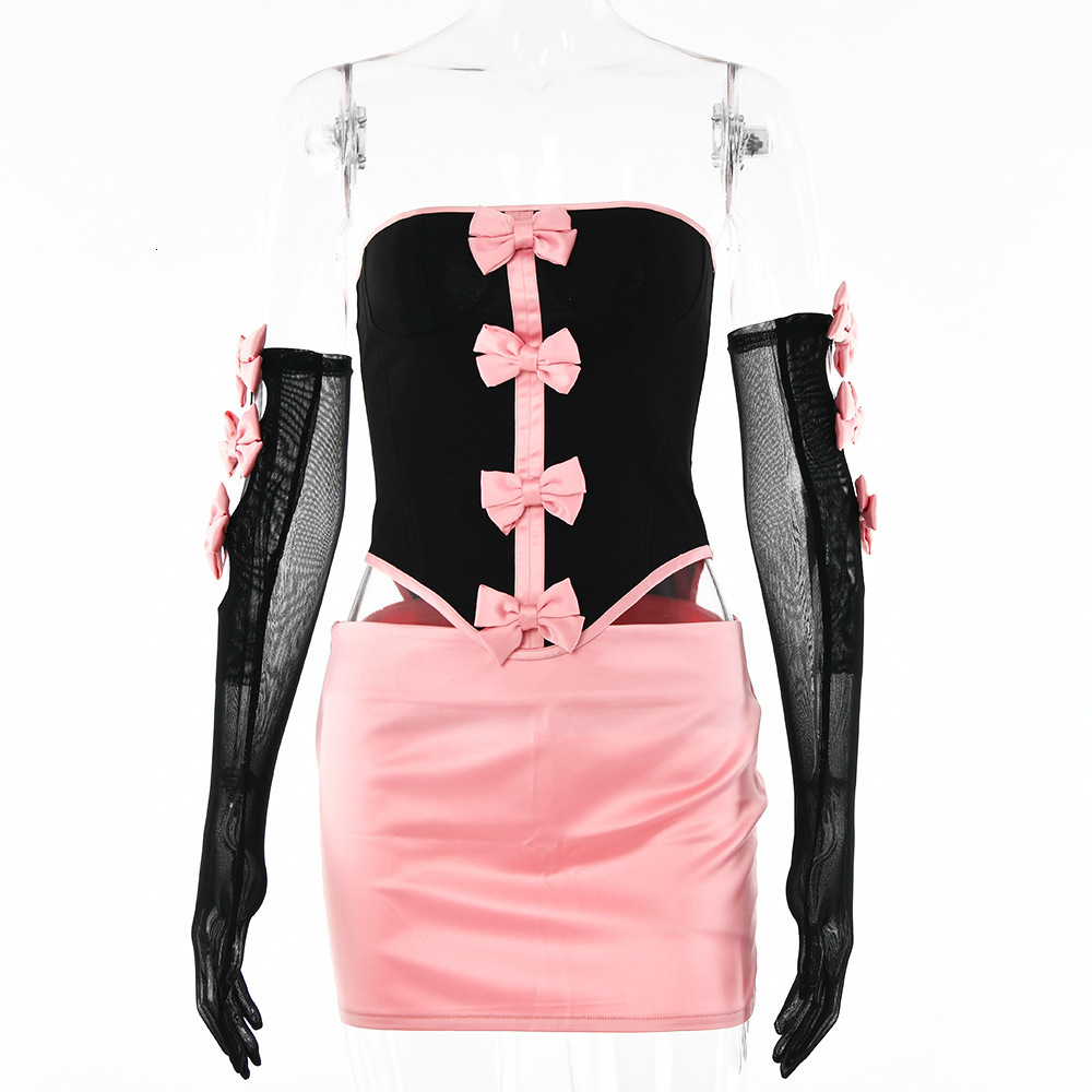 Two Piece Dress Gtpdpllt Sexy Strapless Bows Trim Women Sets Black Gloves Corset Tops Pink Skirts Female Summer Skinny Party Clubwear 230512