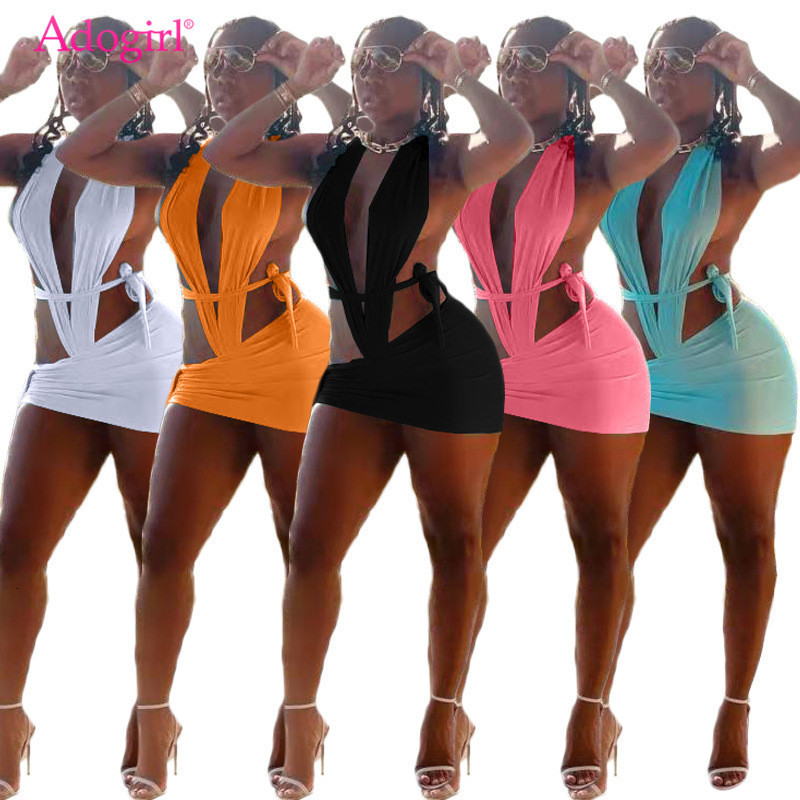 Two Piece Dress Adogirl Women Sexy Summer Beach Set Deep V Neck Halter Backless Bodysuit Lace Up Bodycon Mini Skirt Swimwear Suit 230512