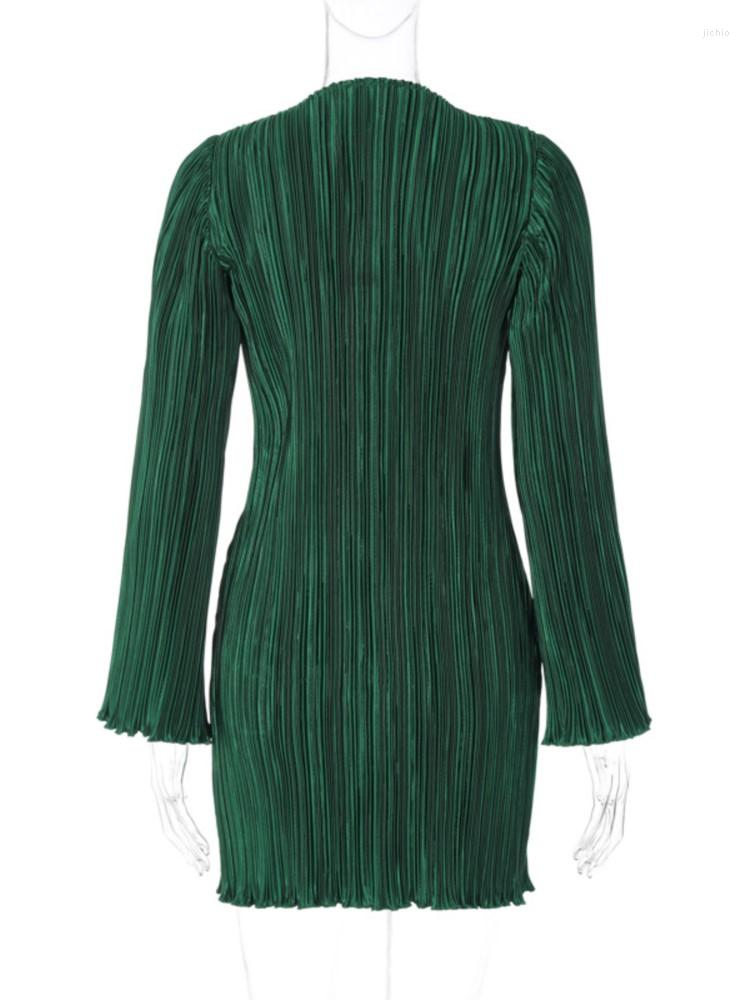 Casual Dresses Vintage Party Mini Fashion Women Long Sleeve Vestidos Female Bodycon Solid O-Neck Holiday Pleated Dress