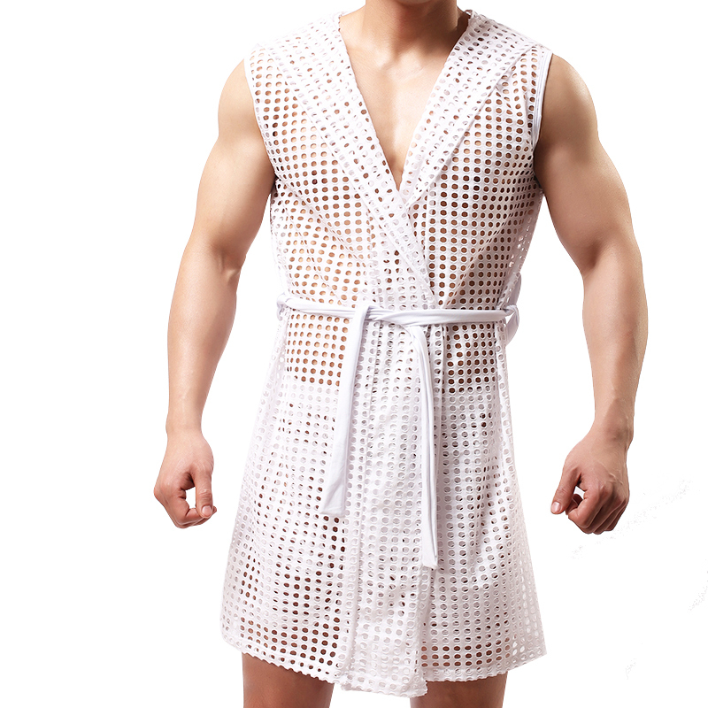 Men's Robes Sexy Robe Sleepwear Mesh Hoodie Sleep Lounge Pajama Gay Wear Men's Hollow Fashion Perspective Dressing Gown BathrobeNo shorts 23