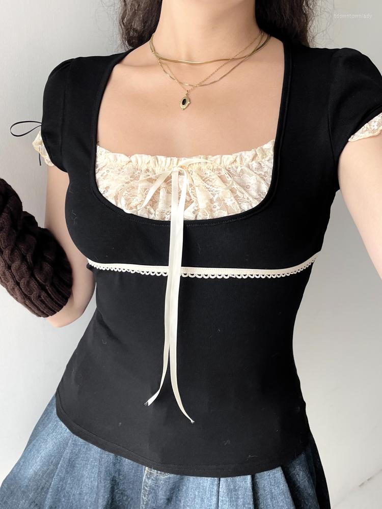Women' T Shirts SEASONS Cute Lace Patched Summer Shirt Women Tops Frill Bow Korean Clothes Contrast Preppy Style Tee Outfits ASTS86382, Black
Women' T Shirts SEASONS Cute Lace Patched Summer Shirt Women Tops Frill Bow Korean Clothes Contrast Preppy Style Tee Outfits ASTS86382, Black