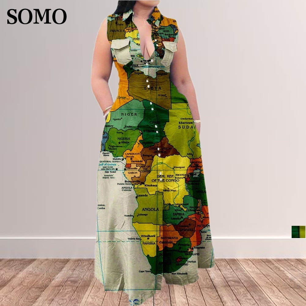 Plus size Dresses Fashion Summer Size Dress Casual Map Printing Sleeveless Lapel Shirt Maxi Long Dresse Wholesale Drop 230512