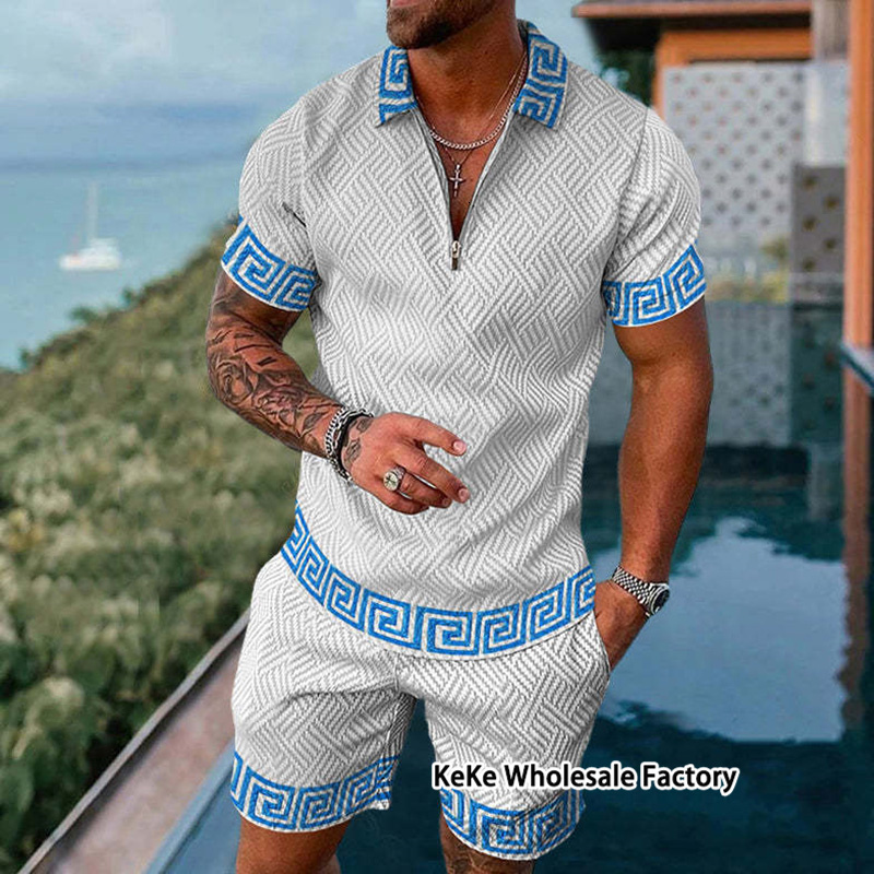Men's Tracksuits KeKe Summer Oversized Men's Tracksuit Solid Color Short Sleeve Zipper Polo Shirt Shorts Set Male Casual Streetwear 2piece S