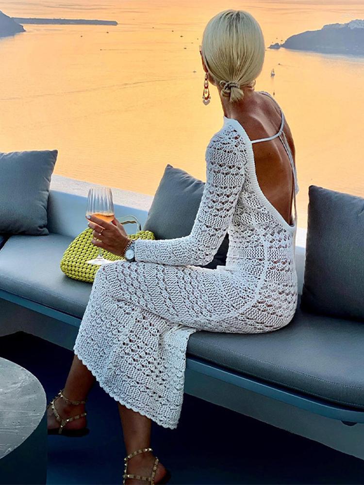 Casual Dresses Backless Dress Set Lace-Up Female Clothing Long Sleeve Evening Robe For Party Knitted Ladies 2023 Sexy Womens