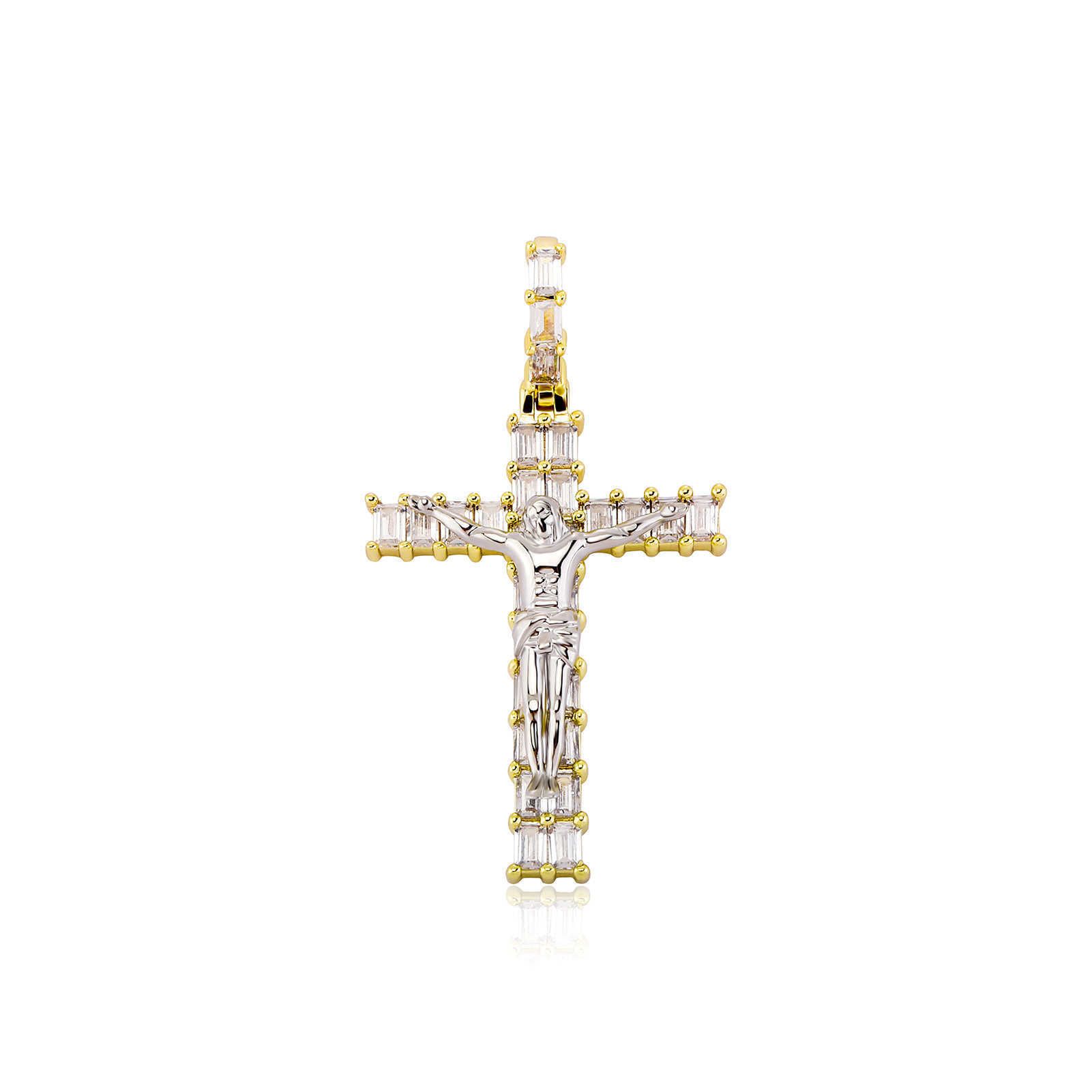 Designer Baguette Cz Stone Large Cross Jesus Pendant Necklace Micro Set Cubic Zircon Real Gold Plated Mens Women's Hip Hop Jewelry Aesthetic Crys