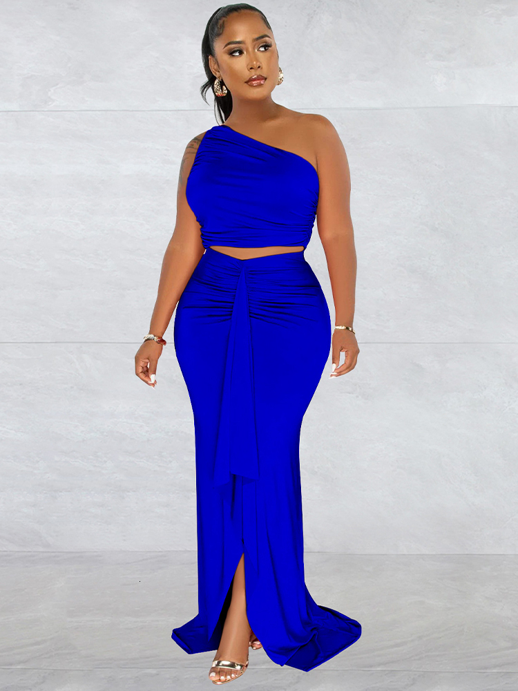 Two Piece Dress Elegant Party 2 Set for Female One Shoulder Sleeveless Bandage Crop Tops Split Mermaid Long Skirts Birthday Outfits 230512
