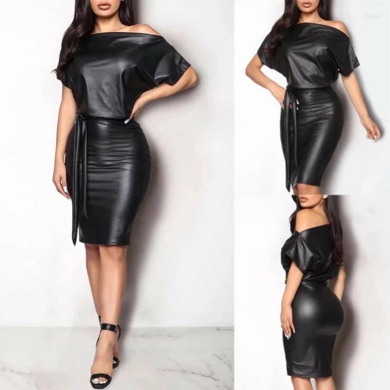 Party Dresses Summer Women Elastic Faux Leather Diagonal Collar Bat Wing Short Sleeve Dress Irregular Black Sexy Slim Nightclub
Party Dresses Summer Women Elastic Faux Leather Diagonal Collar Bat Wing Short Sleeve Dress Irregular Black Sexy Slim Nightclub
